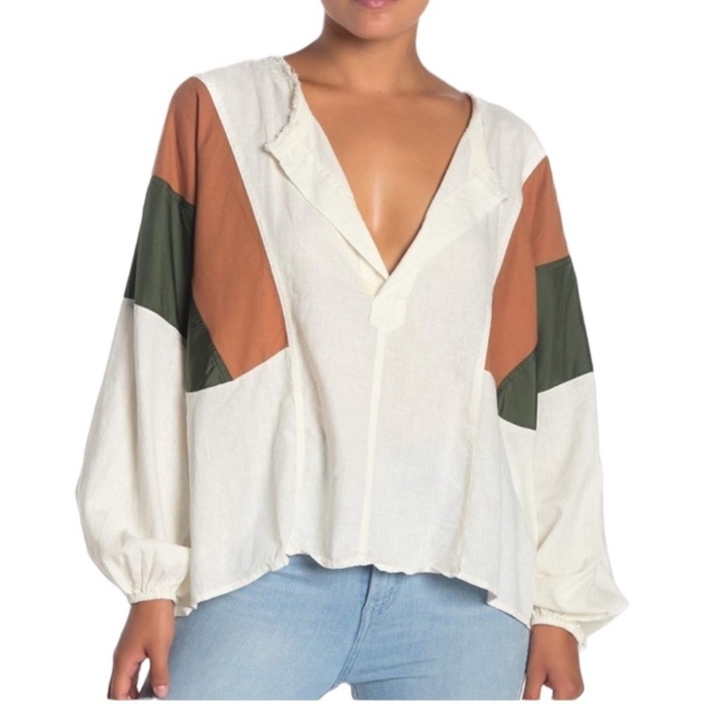 We The Free Beating Hearts Linen Long Sleeve Top Green Orange Rust Sleeve Stripe